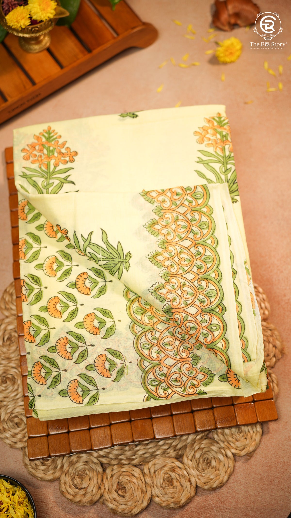 Pale Yellow & Green Floral Handblocked Pure Mul Cotton Saree
