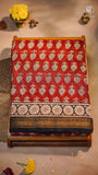 Red & Black Floral Handblocked Pure Maheshwari Cotton Saree