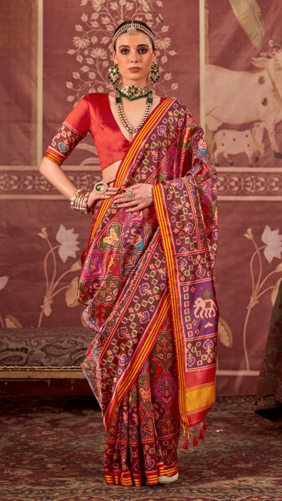 Red & Purple Elephant Patola Crepe Banarasi