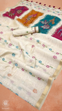 White & Pink Teal Floral Jamdani Tussar Silk Saree
