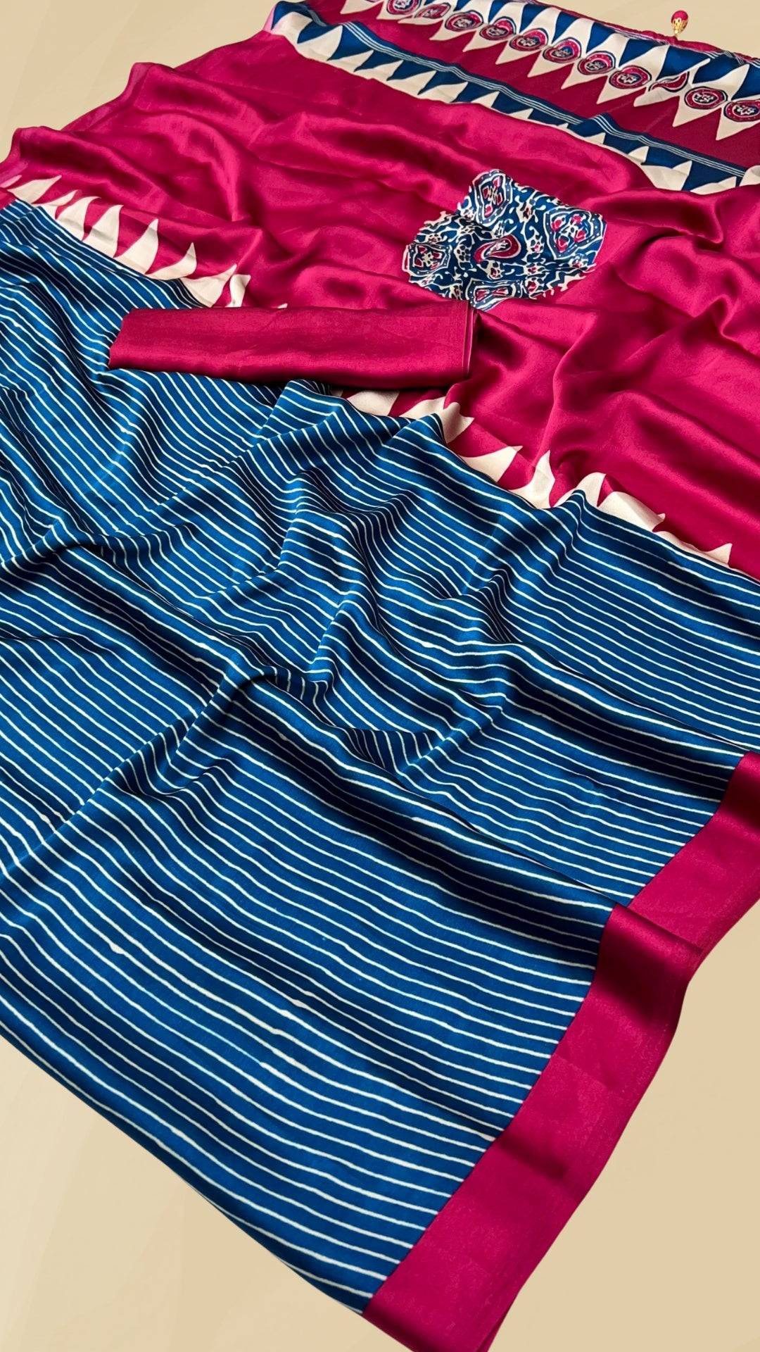 Blue and Pink Striped Temple Ajrakh Gajji Silk Saree