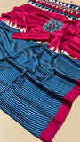 Blue and Pink Striped Temple Ajrakh Gajji Silk Saree