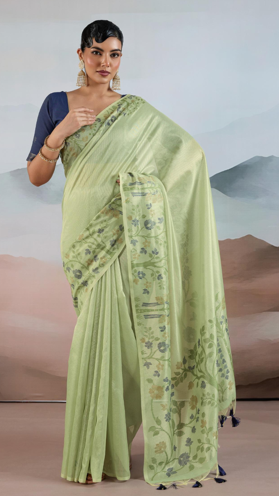 Green Floral Patterned Pure Zari Tissue Silk Saree
