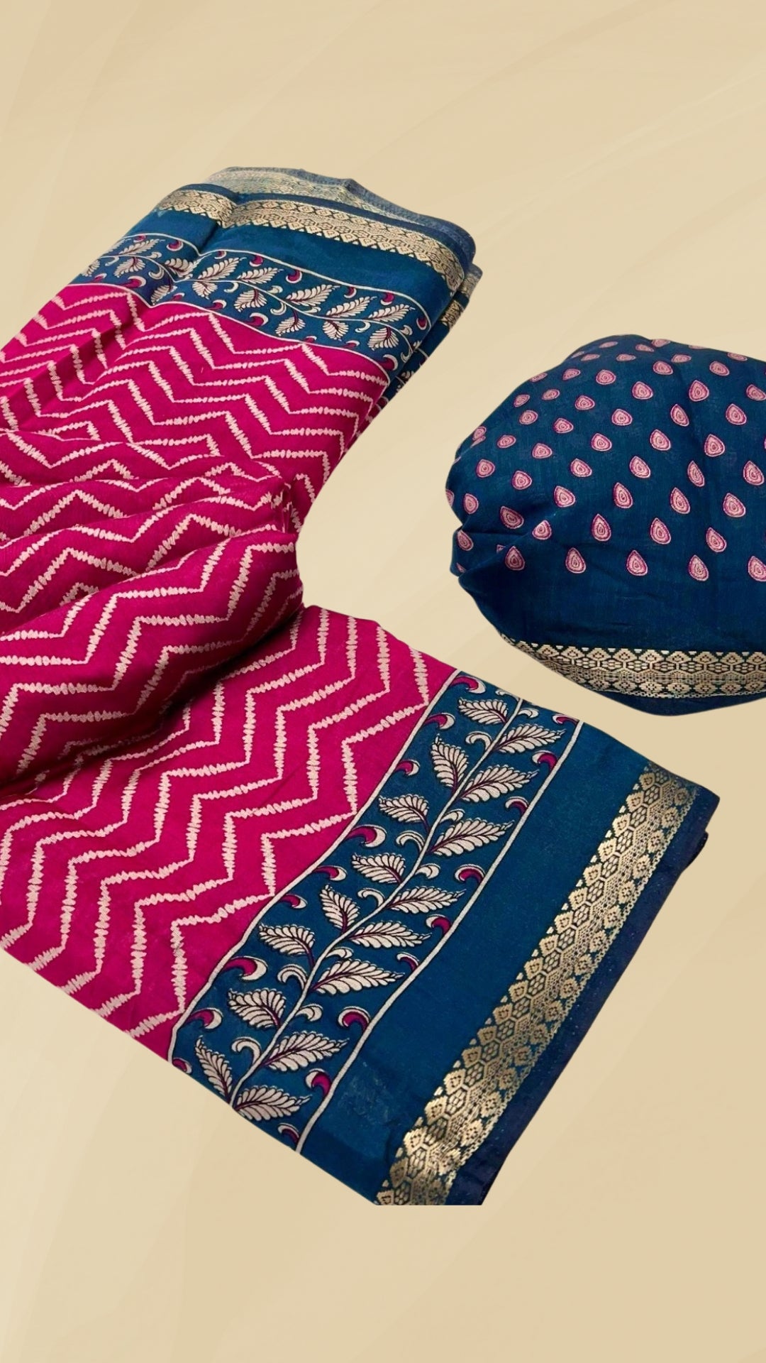 Pink and Blue Kalamkari Leheriya Handloom Cotton Saree