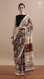 Beige & Red Floral Handblocked Pure Mul Cotton Saree