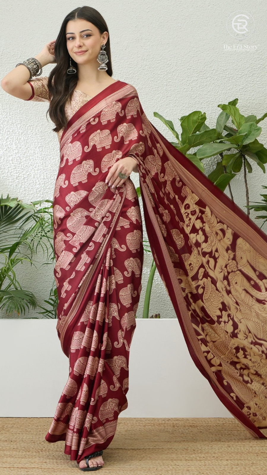 Pink & Beige Elephant Satin Modal Silk Saree