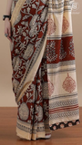 Beige & Red Floral Handblocked Pure Mul Cotton Saree