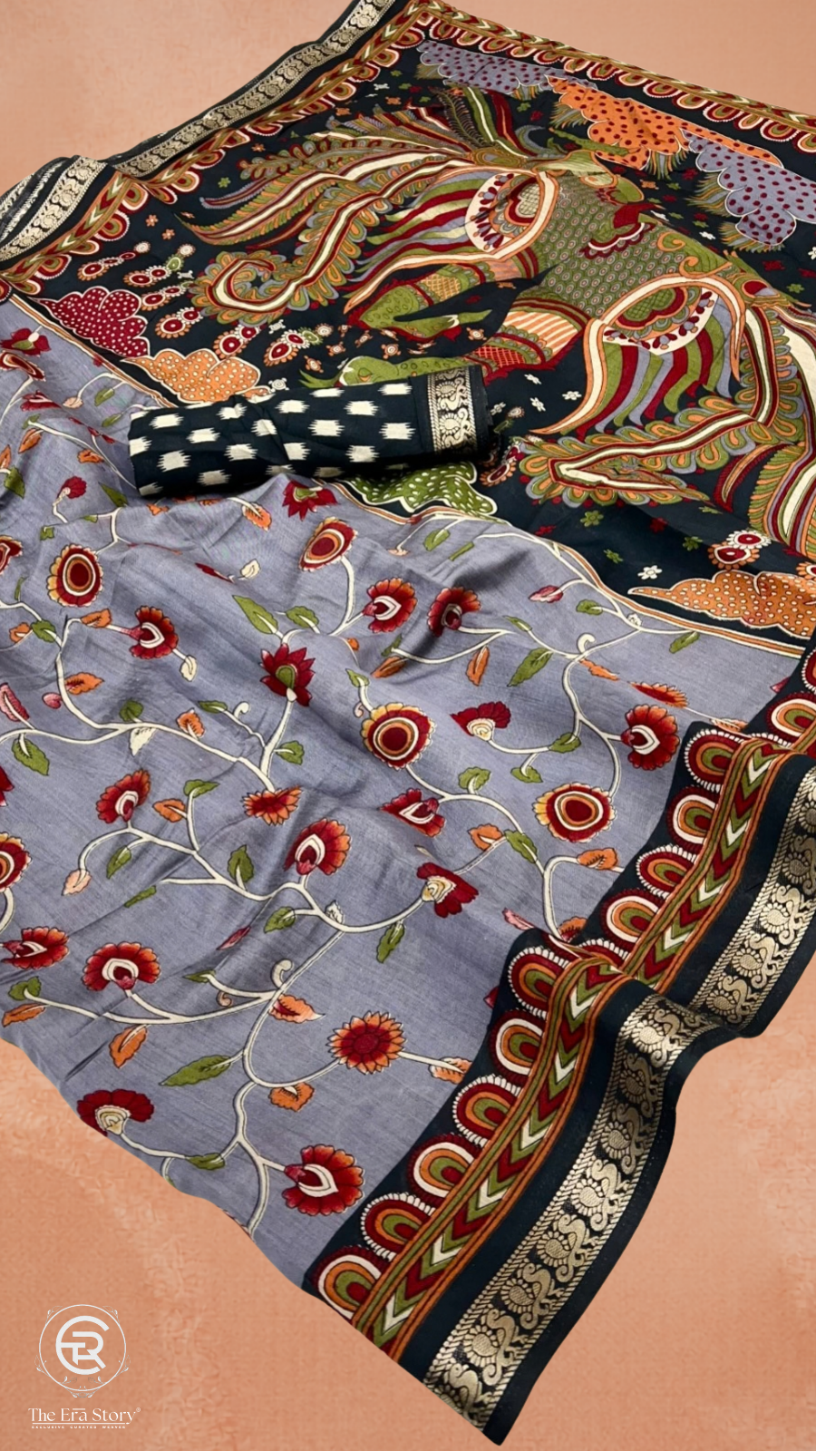 Grey & Black Floral Kalamkari Soft Cotton Saree