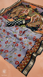 Grey & Black Floral Kalamkari Soft Cotton Saree