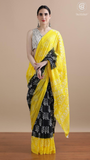 Black & Yellow Floral Handblocked Pure Mul Cotton Saree