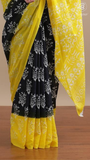 Black & Yellow Floral Handblocked Pure Mul Cotton Saree