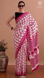 White & Pink Contemporary Handblocked Pure Mul Cotton Saree