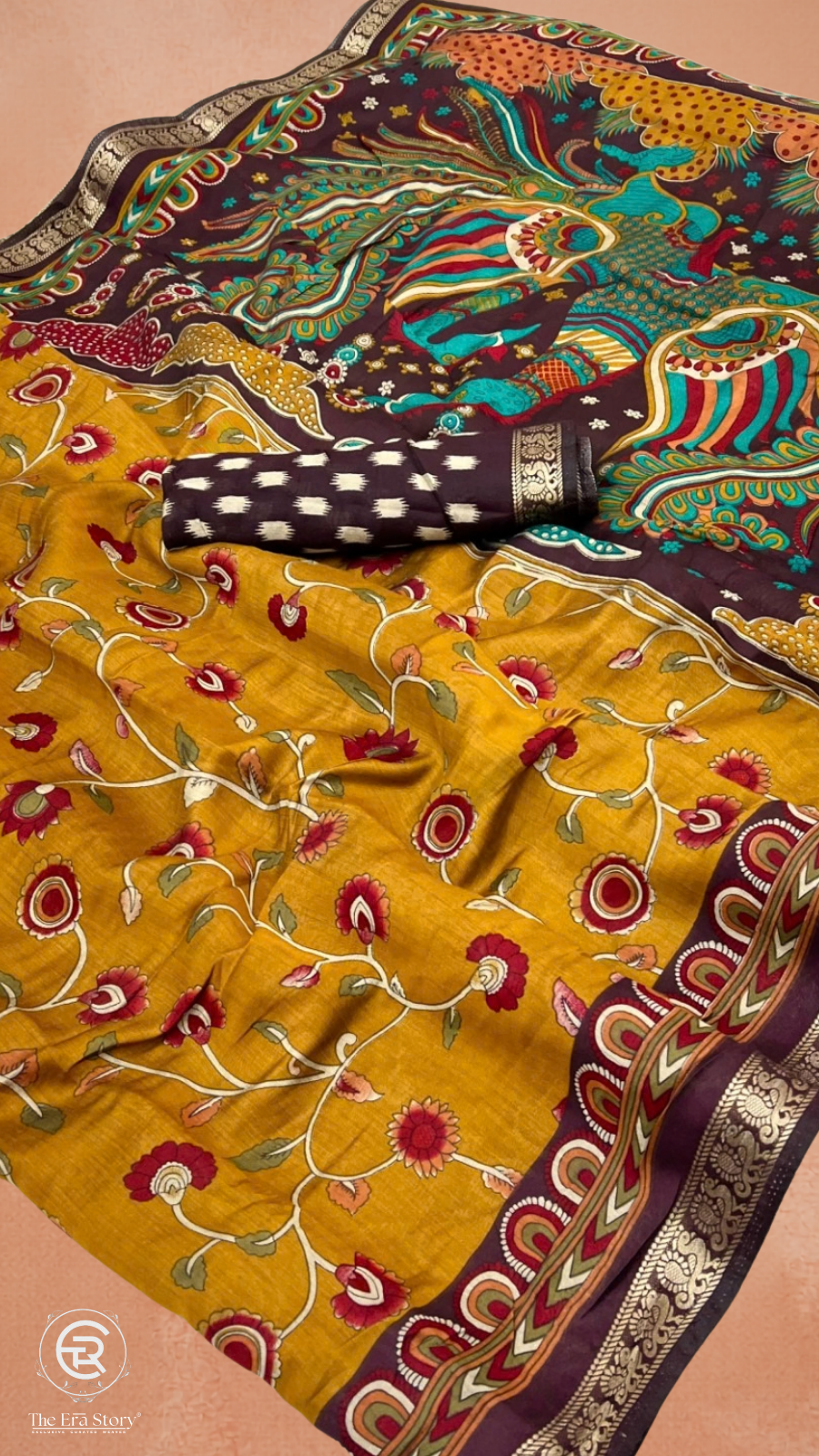 Yellow & Black Floral Kalamkari Soft Cotton Saree