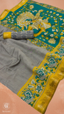 Grey & Yellow Floral Kalamkari Soft Cotton Saree