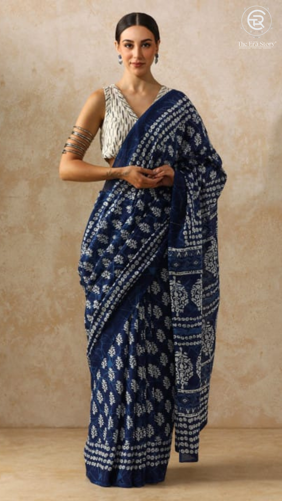 Blue Floral Contemporary Handblocked Pure Mul Cotton Saree