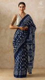 Blue Floral Contemporary Handblocked Pure Mul Cotton Saree