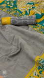 Grey & Yellow Floral Kalamkari Soft Cotton Saree