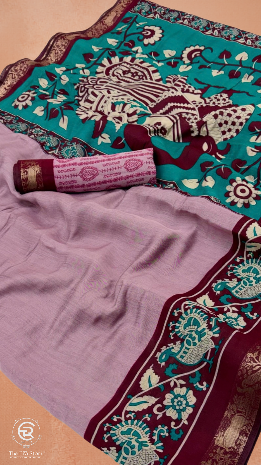 Mauve Pink & Maroon Floral Kalamkari Soft Cotton Saree