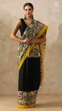 Black and Yellow Flora Contemporary Handblocked Pure Mul Cotton Saree