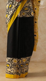 Black and Yellow Flora Contemporary Handblocked Pure Mul Cotton Saree