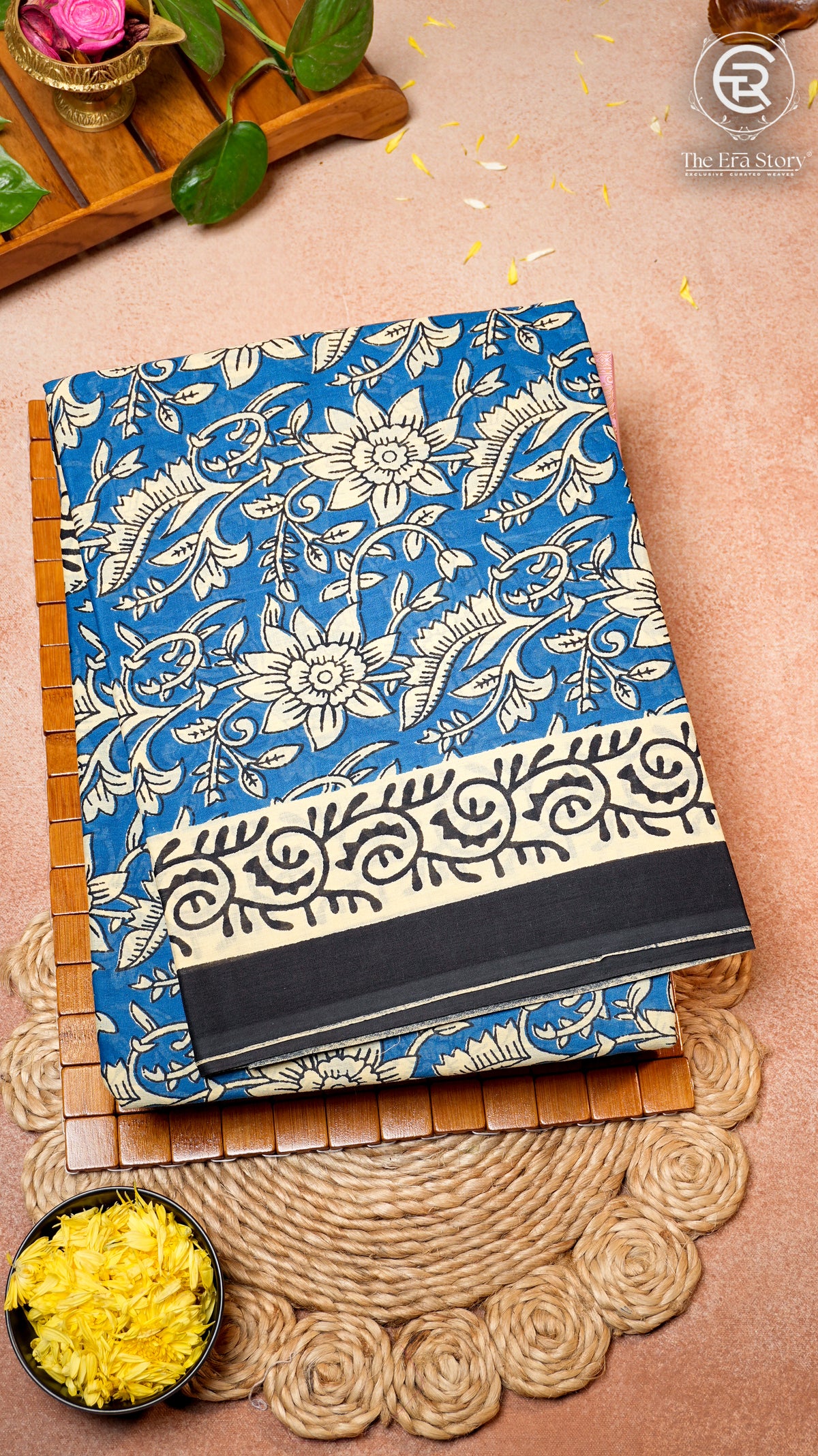 Blue & Black Floral Handblocked Pure Cotton Sarees