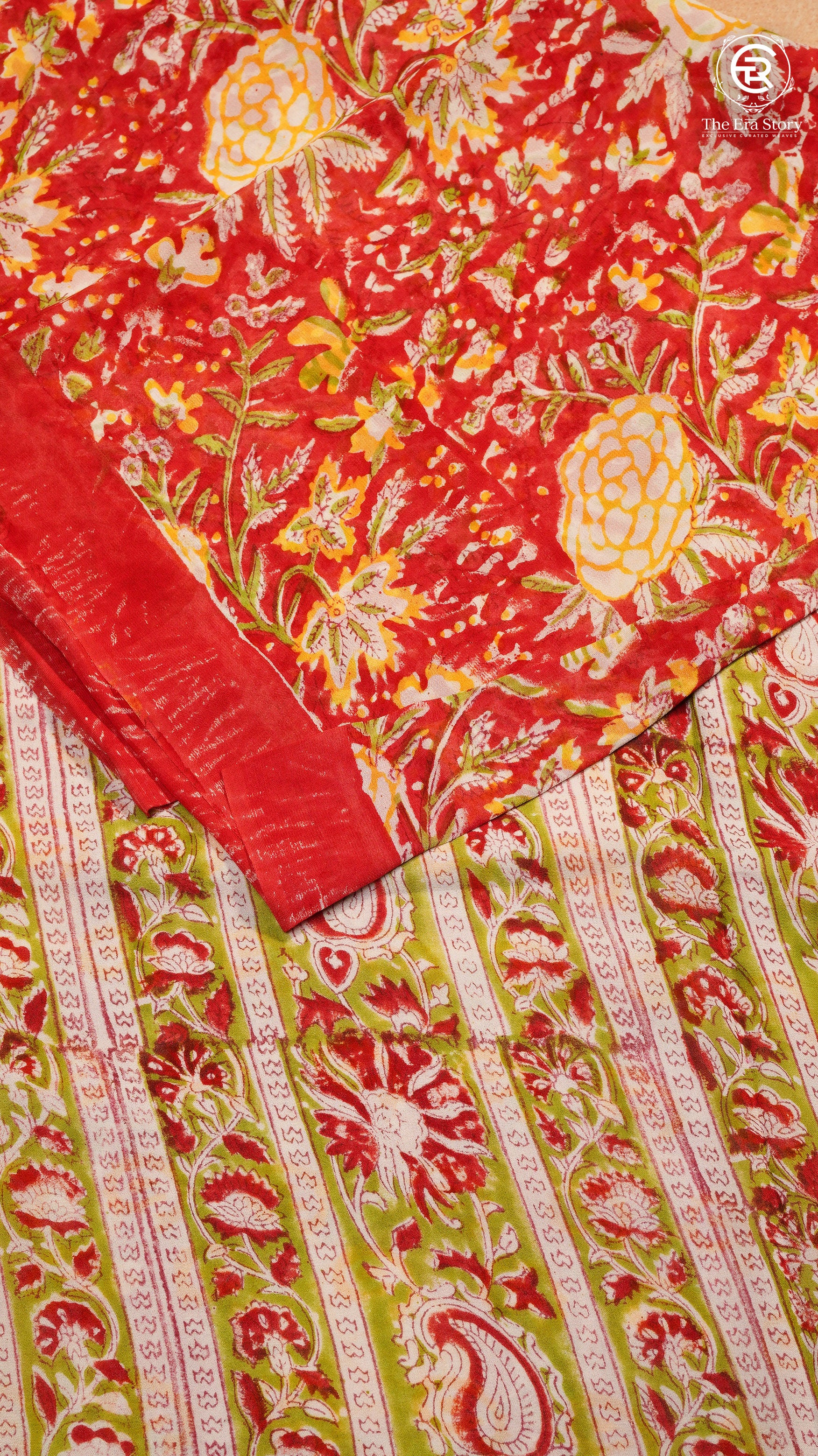Red & Yellow Floral Vine Handblocked Pure Georgette Saree