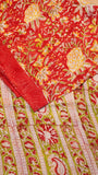 Red & Yellow Floral Vine Handblocked Pure Georgette Saree