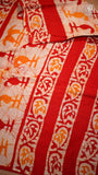 White & Red Contemporary Handblocked Pure Mul Cotton Saree