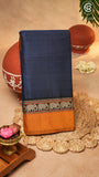 Navy Blue & Yellow Elephant Border Handloom Narayanpet Cotton Saree