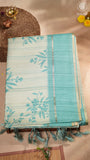 Beige & Teal Blue Floral Kantha Matka Tussar Silk Saree