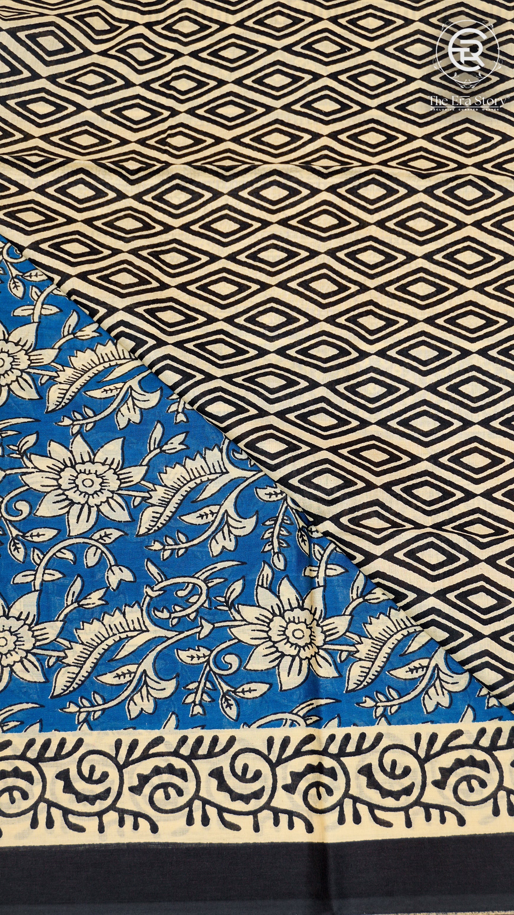 Blue & Black Floral Handblocked Pure Cotton Sarees