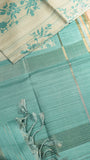 Beige & Teal Blue Floral Kantha Matka Tussar Silk Saree