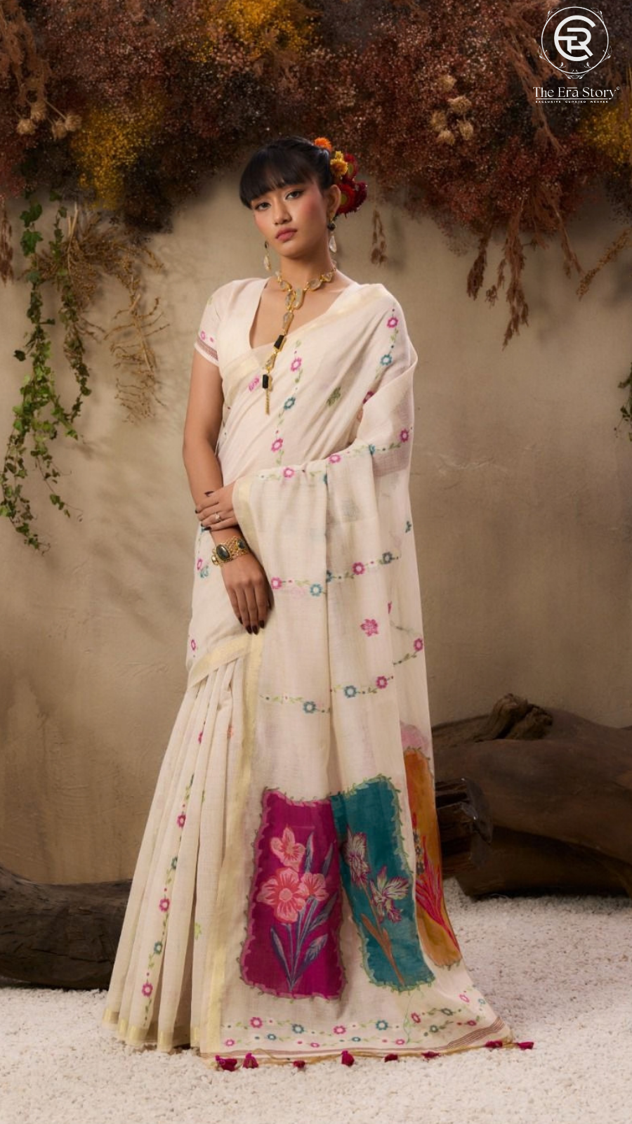 White & Pink Teal Floral Jamdani Tussar Silk Saree