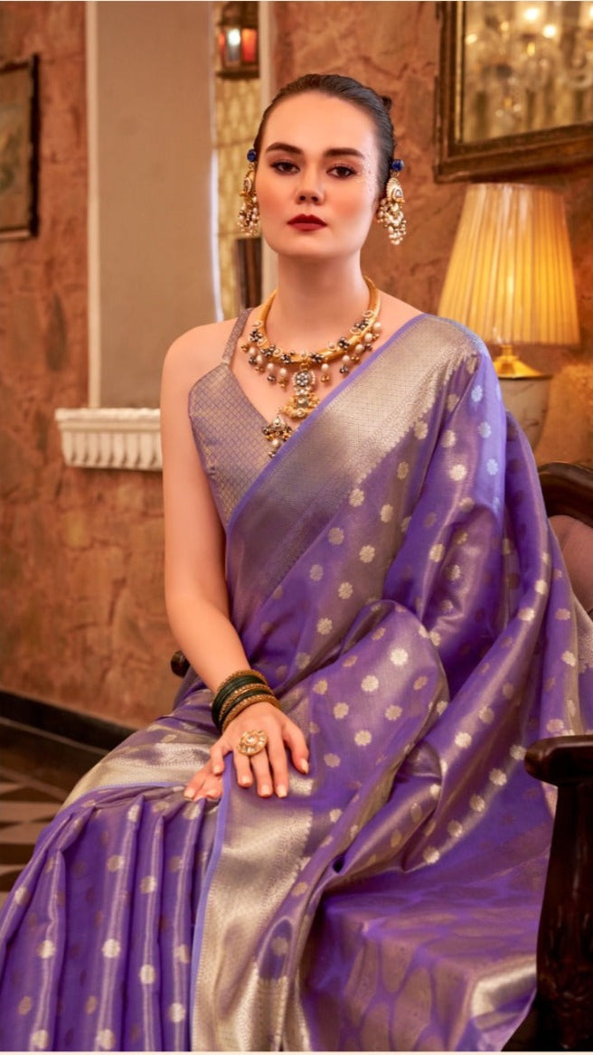Purple and Gold Handloom Zari Weaving Tissue Silk Saree