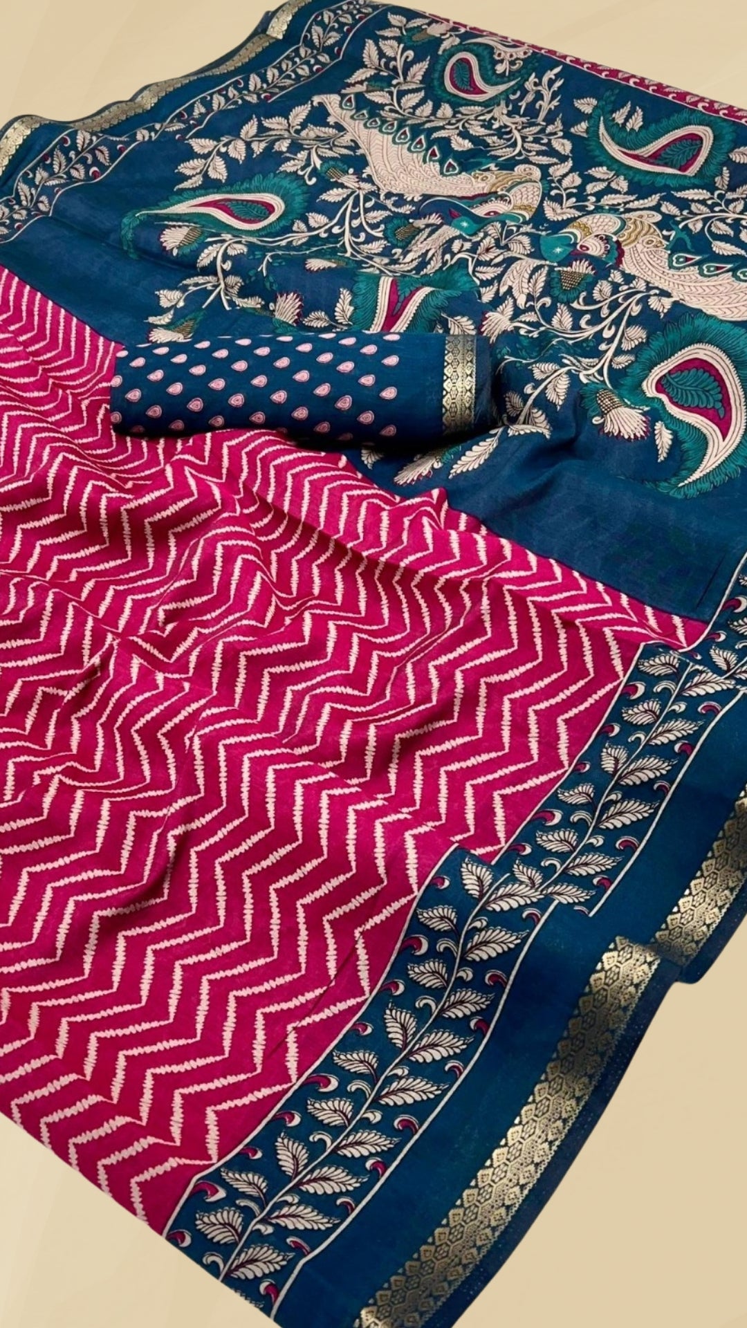 Pink and Blue Kalamkari Leheriya Handloom Cotton Saree