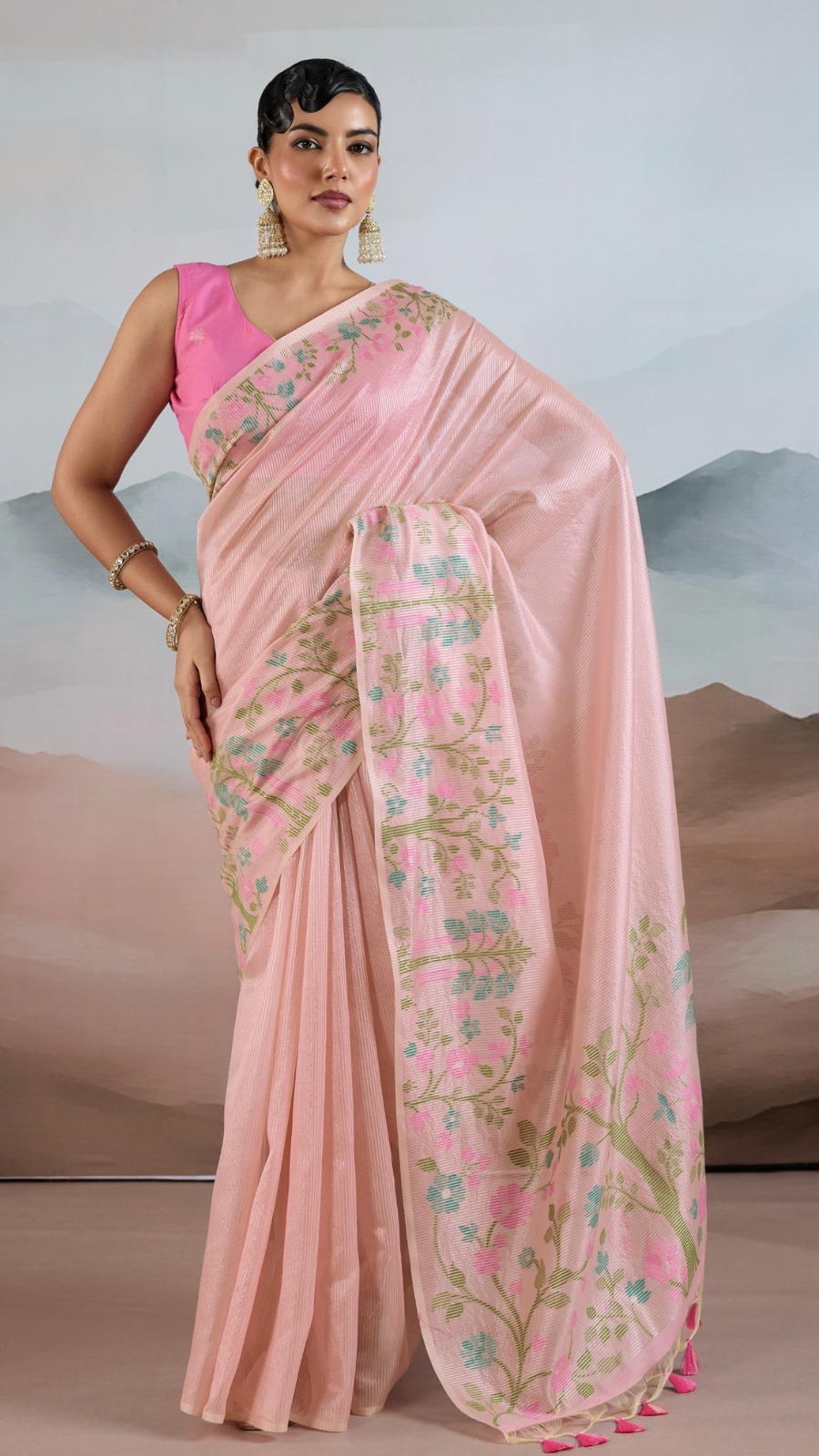 Baby Pink Floral Patterned Pure Zari Tissue Silk Saree