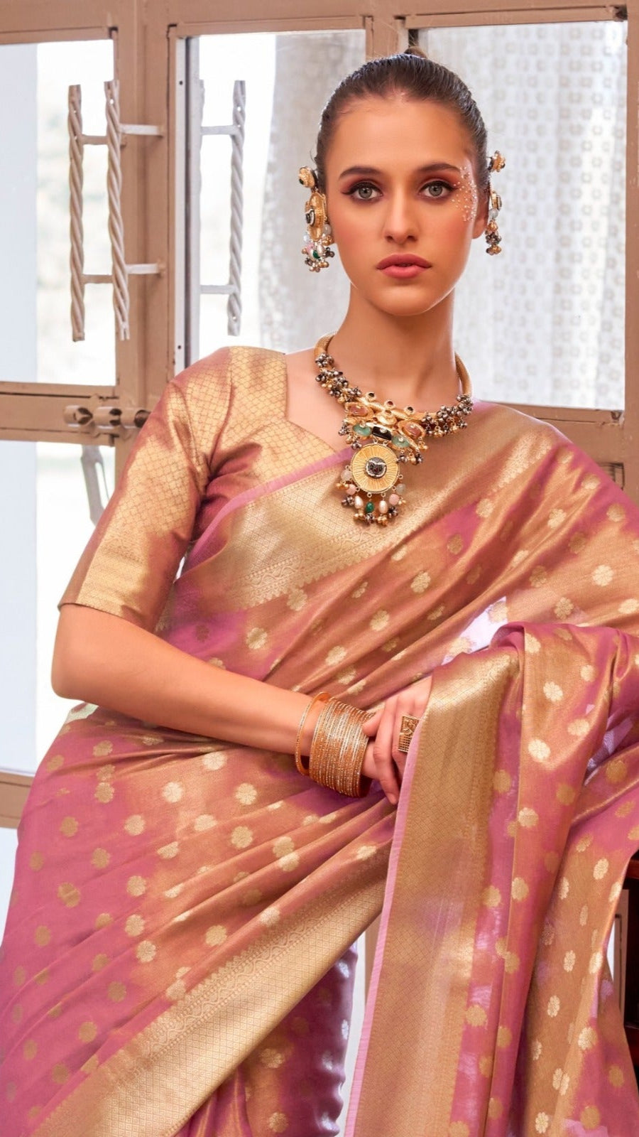 Pink and Gold Handloom Zari Weaving Tissue Silk Saree