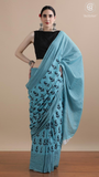Deep Sky Blue Mango Leaf Contemporary Handblocked Pure Mul Cotton Saree
