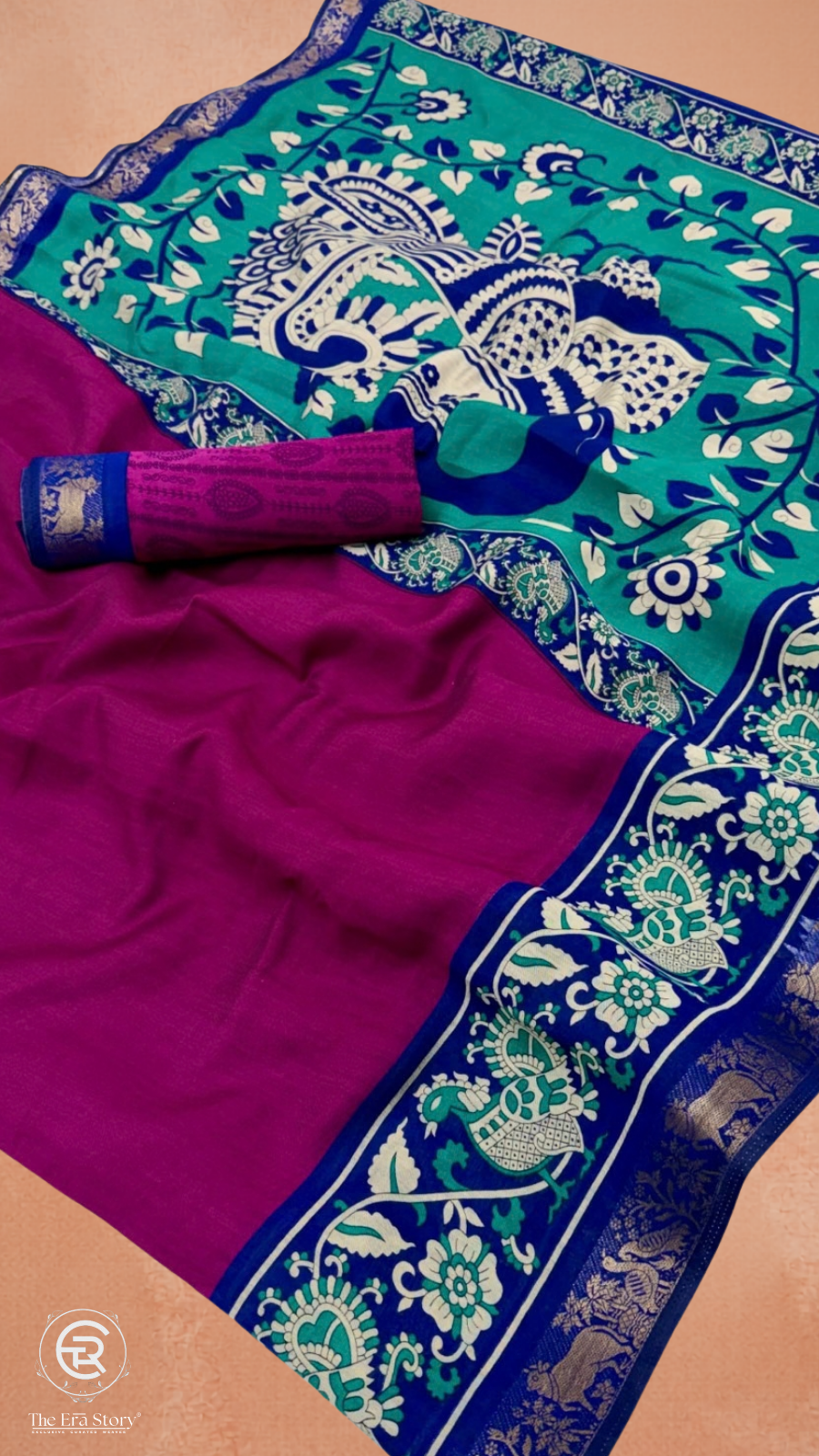 Purple & Blue Floral Kalamkari Soft Cotton Saree
