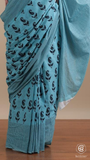Deep Sky Blue Mango Leaf Contemporary Handblocked Pure Mul Cotton Saree