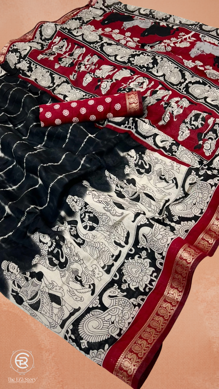 Black & Red Floral Kalamkari Soft Cotton Saree
