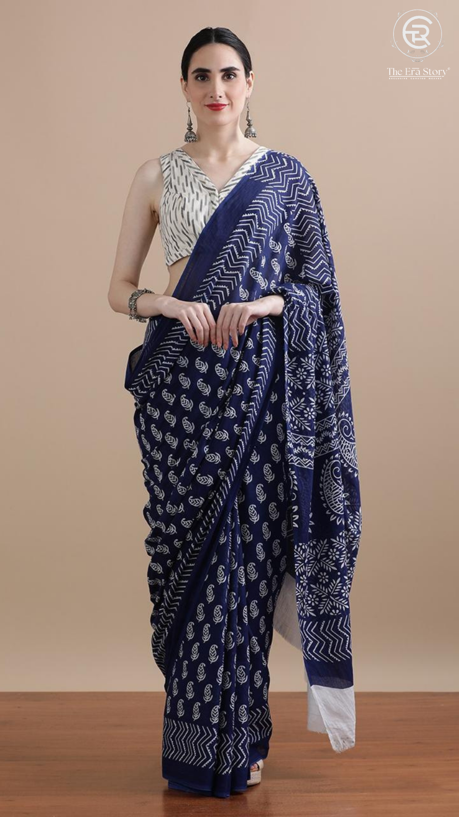 Blue Mango Leaf Contemporary Handblocked Pure Mul Cotton Saree