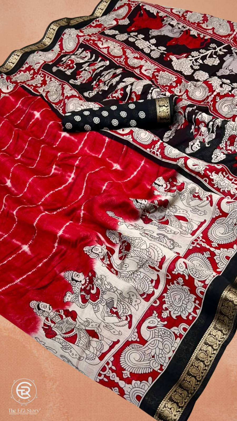 Red & Black Floral Kalamkari Soft Cotton Saree
