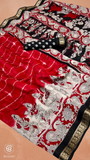 Red & Black Floral Kalamkari Soft Cotton Saree