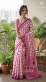 White & Rani Pink Contemporary Handblocked Pure Mul Cotton Saree