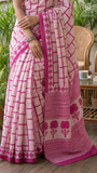 White & Rani Pink Contemporary Handblocked Pure Mul Cotton Saree