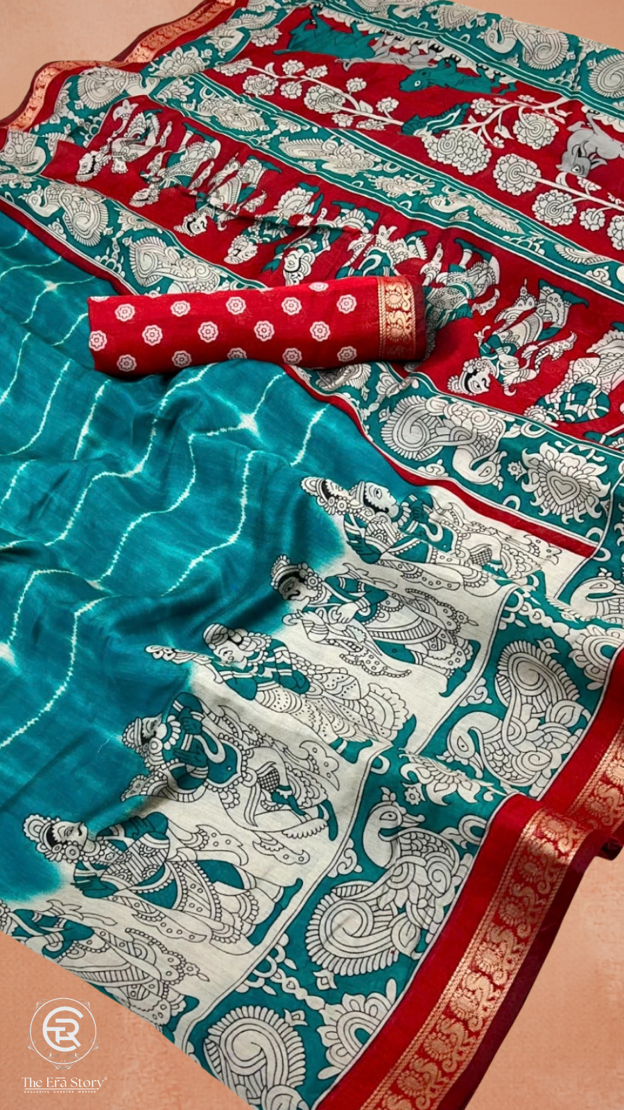 Turquoise Blue & Red Floral Kalamkari Soft Cotton Saree