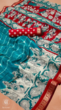 Turquoise Blue & Red Floral Kalamkari Soft Cotton Saree