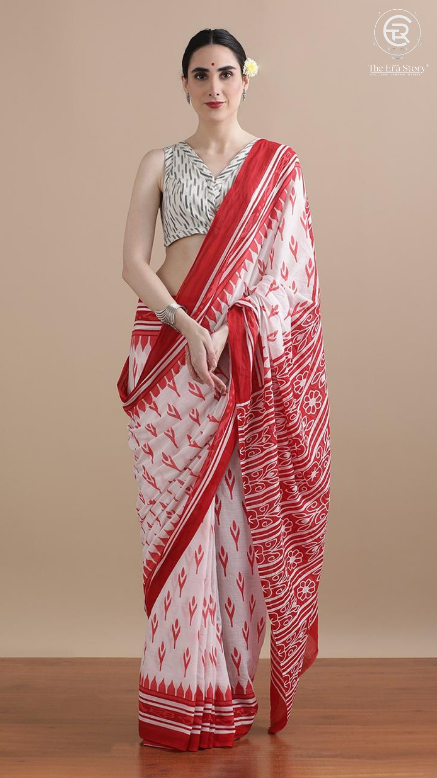 White & Red Contemporary Handblocked Pure Mul Cotton Saree