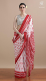 White & Red Contemporary Handblocked Pure Mul Cotton Saree